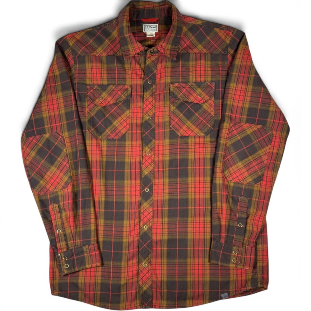 LL Bean Mens Plaid Flannel Shirt Wool Blend Elbow Patches Red Brown L Tall